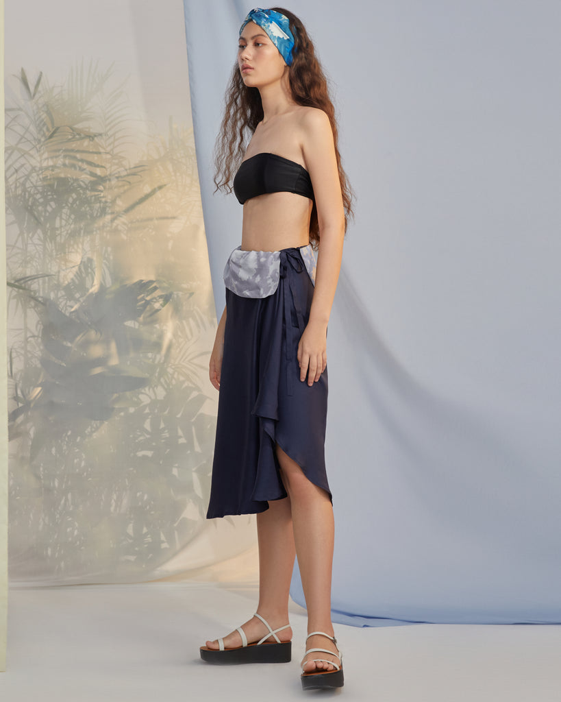 Silk Foldover Wrap Skirt - Indigo